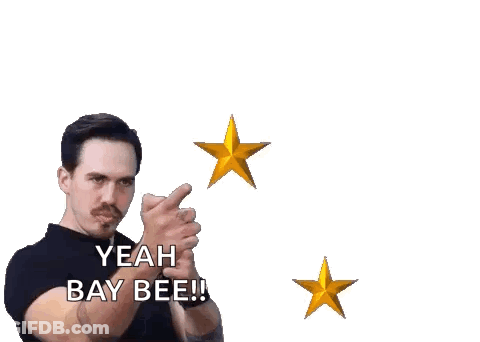 A Man In A Black Shirt Says Yeah Bay Bee In Front Of Two Gold Stars GIF