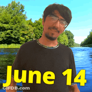 A Man In A Black Shirt Stands In Front Of A River With The Date June 14 GIF