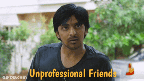 A Man In A Black Shirt Stands In Front Of A Sign That Says " Unprofessional Friends " GIF