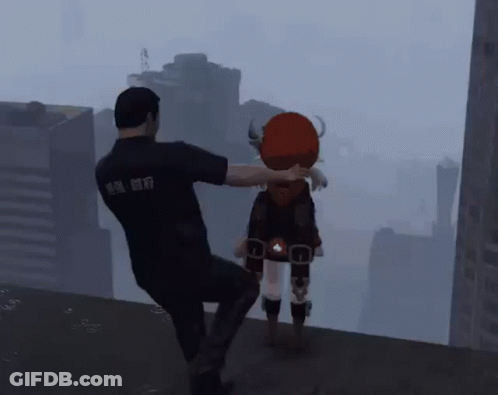 A Man In A Black Shirt With Chinese Writing On It Is Kicking A Robot GIF