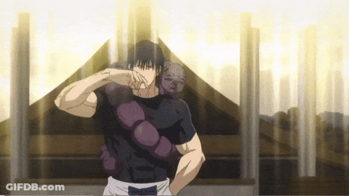 A Man In A Black Shirt With Purple Muscles Is Standing In Front Of A Tent GIF