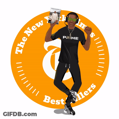 A Man In A Black Shirt With The Word Prime On It Holds A Book GIF