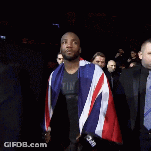 A Man In A Black Shirt With The Word Reebok On It Is Holding A Flag GIF