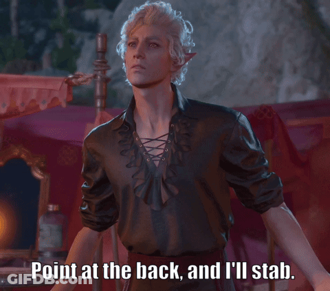 A Man In A Black Shirt With The Words Point At The Back And I 'Ll Stab Above Him GIF