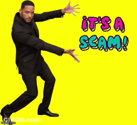 A Man In A Black Suit Is Dancing In Front Of A Yellow Background That Says It 'S A Scam ! GIF
