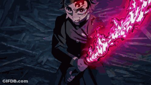 A Man In A Black Suit Is Holding A Red And White Sword With Flames Coming Out Of It . GIF