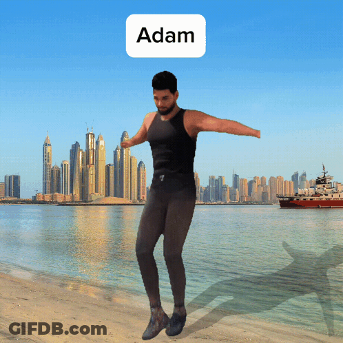 A Man In A Black Tank Top Is Jumping In The Air With The Word Adam Above Him GIF