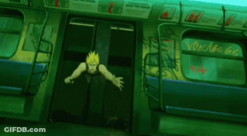 A Man In A Black Tank Top Is Kneeling Down In Front Of A Subway Car With A Sign That Says No Abc 66 GIF