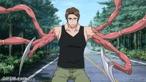A Man In A Black Tank Top Is Standing In The Middle Of A Road With Red Tentacles Coming Out Of His Arms GIF