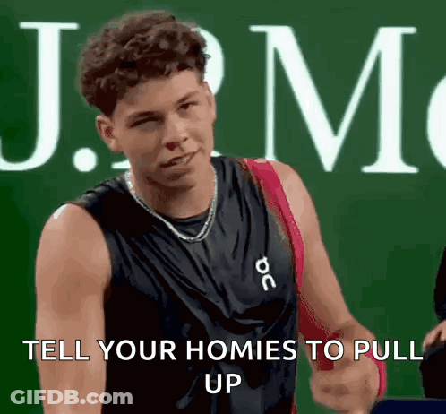 A Man In A Black Tank Top Says Tell Your Homies To Pull Up .. GIF