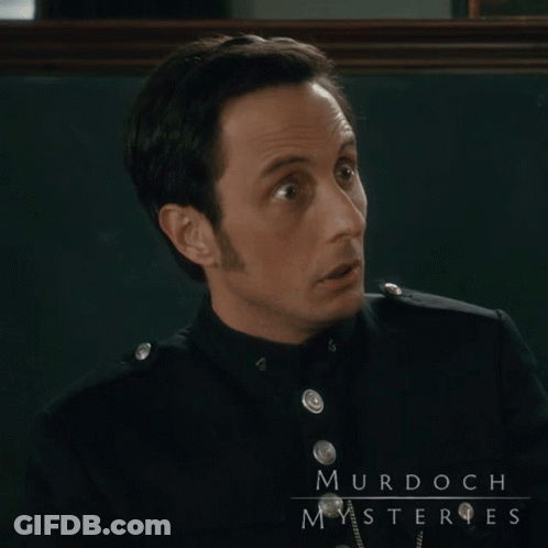 A Man In A Black Uniform With Murdoch Mysteries Written On It GIF