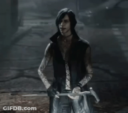 A Man In A Black Vest Is Holding A Sword In His Hand . GIF