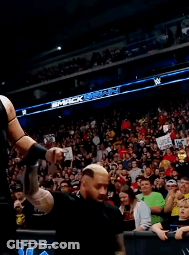 A Man In A Black Vest Is Standing In Front Of A Crowd In A Stadium . GIF