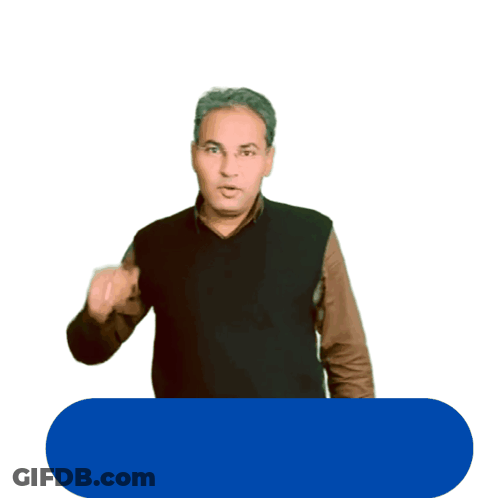 A Man In A Black Vest Waves His Hand In Front Of A Sign That Says " Yaara " GIF