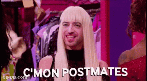 A Man In A Blonde Wig Is Smiling And Saying C Mon Postmates . GIF