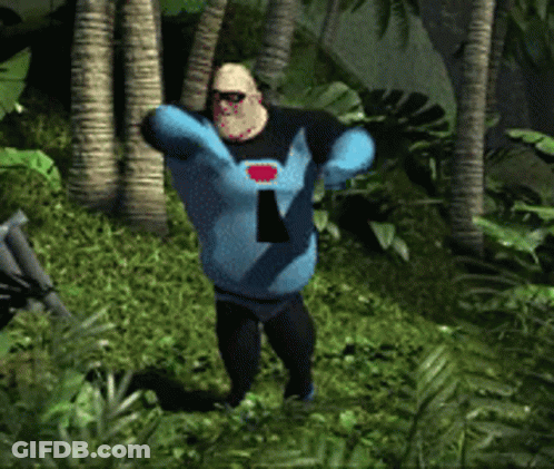 A Man In A Blue And Black Superhero Costume Is Standing In The Jungle GIF