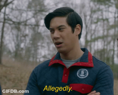 A Man In A Blue And Red Jacket Says Allegedly In Yellow Letters GIF