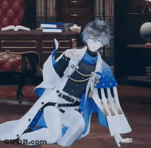 A Man In A Blue And White Coat Is Kneeling Down In A Room . GIF
