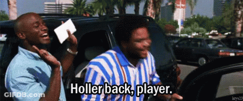 A Man In A Blue And White Striped Shirt Is Holding A Card That Says Hollerback Player GIF