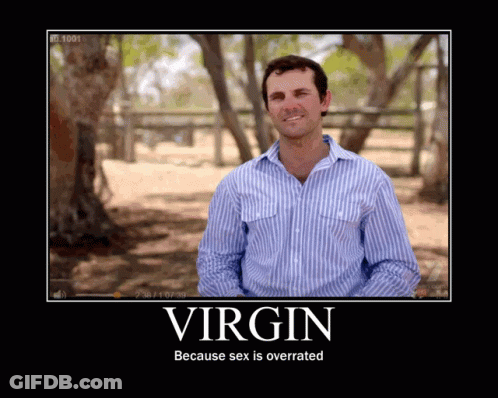 A Man In A Blue And White Striped Shirt Is On A Demotivational Poster That Says Virgin GIF