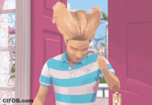 A Man In A Blue And White Striped Shirt Is Standing In A Pink Doorway GIF