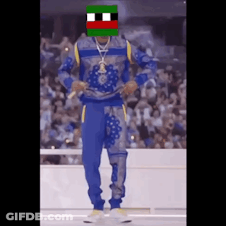 A Man In A Blue And Yellow Outfit Is Dancing In Front Of A Crowd GIF