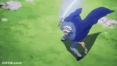 A Man In A Blue Cape Is Holding A Sword In His Hand While Flying Through The Air . GIF