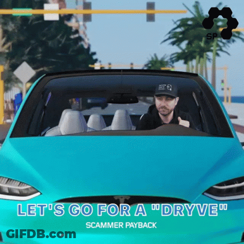 A Man In A Blue Car Says Let 'S Go For A " Drive " GIF