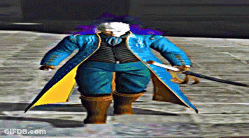 A Man In A Blue Coat And Brown Boots Is Holding A Sword GIF