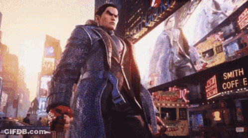 A Man In A Blue Coat Is Standing In Front Of A Smith Coffe Sign GIF