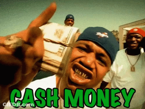 A Man In A Blue Hat Is Holding A Stack Of Money And Says Cash Money In Green Letters GIF