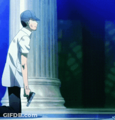 A Man In A Blue Hat Is Kneeling Down Holding A Gun GIF