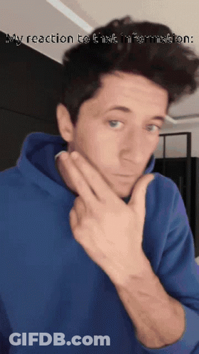 A Man In A Blue Hoodie Has His Hand On His Chin And The Words " My Reaction To I Ask Information " Below Him GIF