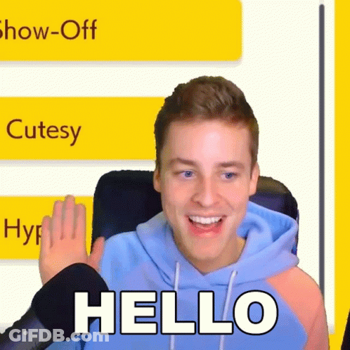 A Man In A Blue Hoodie Says Hello In Front Of A Yellow Background GIF