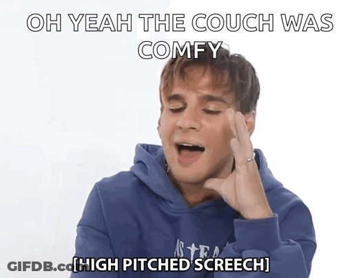 A Man In A Blue Hoodie Says " Oh Yeah The Couch Was Comfy High Pitched Screech " GIF