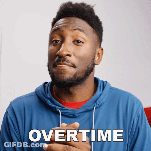 A Man In A Blue Hoodie With The Word Overtime Written On It GIF