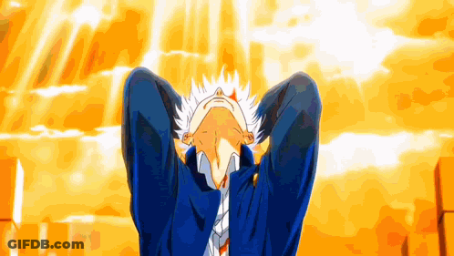 A Man In A Blue Jacket And Tie Is Looking Up At The Sky With His Hands Behind His Head GIF