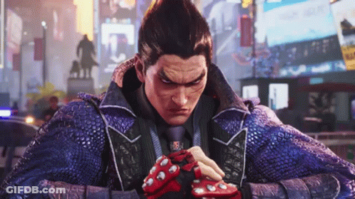 A Man In A Blue Jacket And Tie Is Wearing Red Gloves And A Blue Jacket . GIF