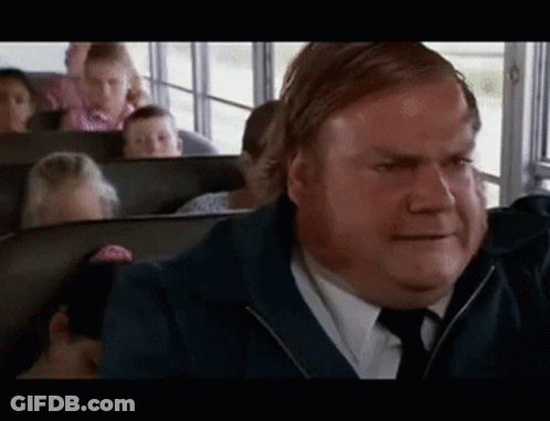 A Man In A Blue Jacket And Tie Sits On A School Bus GIF