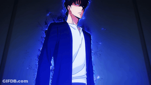 A Man In A Blue Jacket And White Shirt Is Standing In Front Of A Blue Background GIF