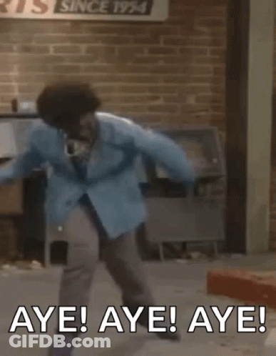 A Man In A Blue Jacket Is Dancing In A Room With The Words `` Aye ! Aye ! Aye ! '' GIF