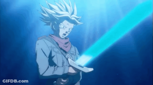A Man In A Blue Jacket Is Holding A Sword In His Hand . GIF