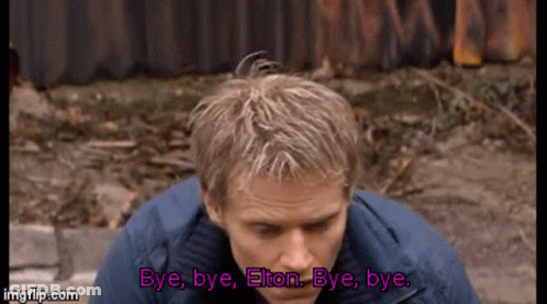 A Man In A Blue Jacket Is Saying Bye Bye Elton GIF