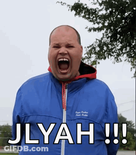 A Man In A Blue Jacket Is Screaming With The Words Jlyah !!! Written Below Him . GIF