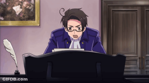 A Man In A Blue Jacket Is Sitting At A Desk With A Pen In Front Of Him GIF