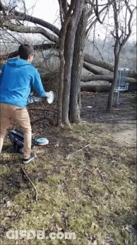A Man In A Blue Jacket Is Throwing A Frisbee Near A Tree GIF