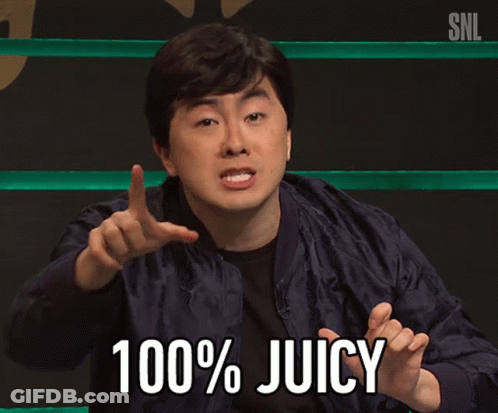 A Man In A Blue Jacket Says 100 % Juicy In Front Of A Snl Logo GIF