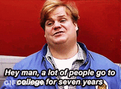 A Man In A Blue Jacket Says Hey Man A Lot Of People Go To College For Seven Years . GIF