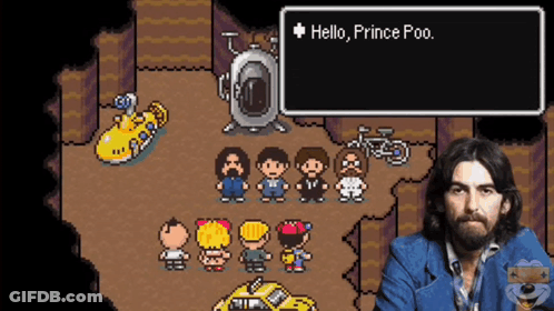 A Man In A Blue Jacket Stands In Front Of A Video Game Screen That Says " Hello Prince Poo " GIF