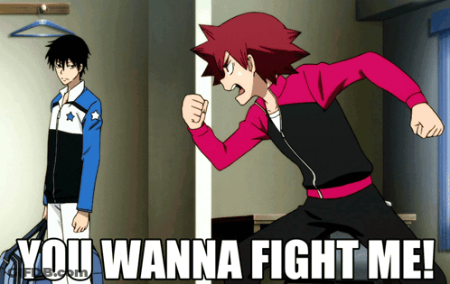 A Man In A Blue Jacket Stands Next To A Man In A Red Jacket Who Says You Wanna Fight Me GIF